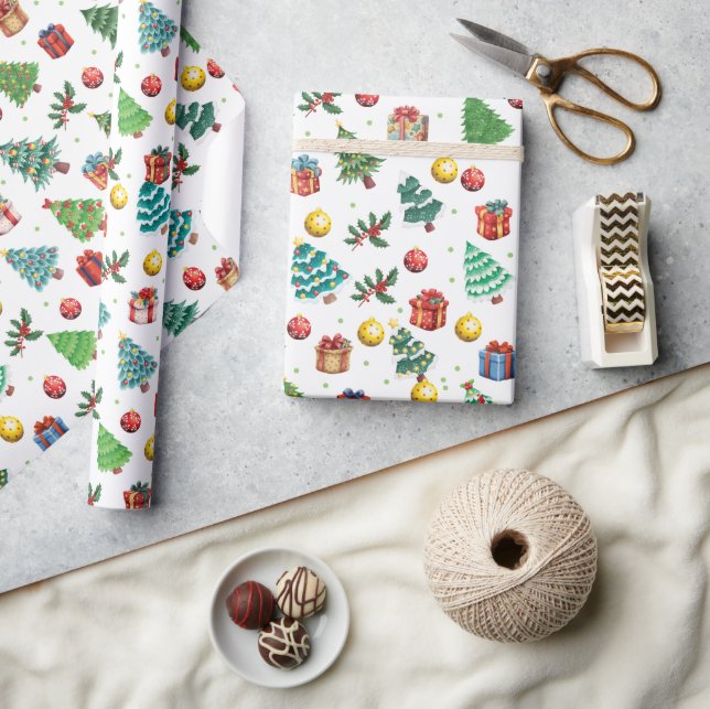 Modern Watercolor Christmas Gifts Green Tree  Wrapping Paper (Crafts)