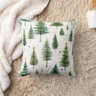Modern Watercolor Christmas Green Pine Tree Cushion