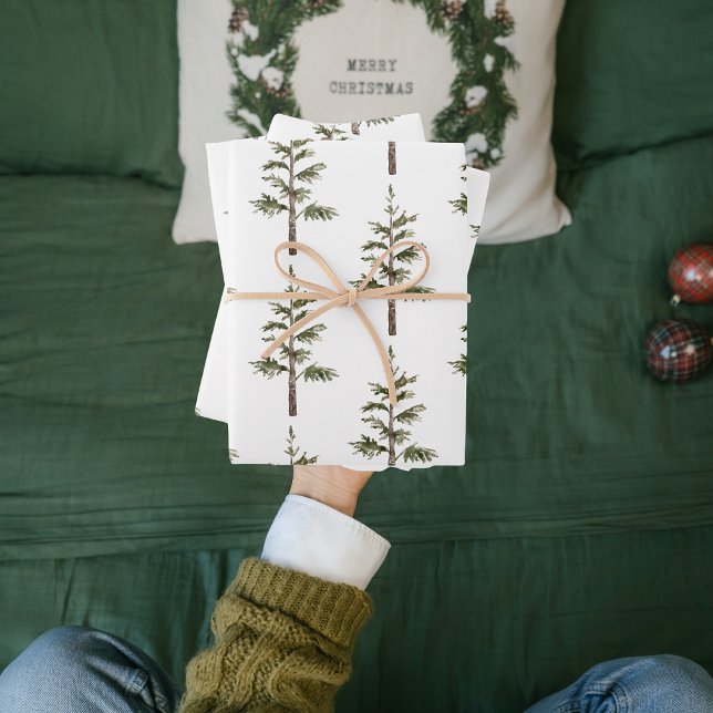 Modern Watercolor Christmas Green Pine Tree Wrapping Paper Sheet (Creator Uploaded)