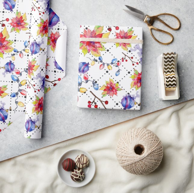 Modern Watercolor Christmas Holiday Floral Pattern Wrapping Paper (Crafts)