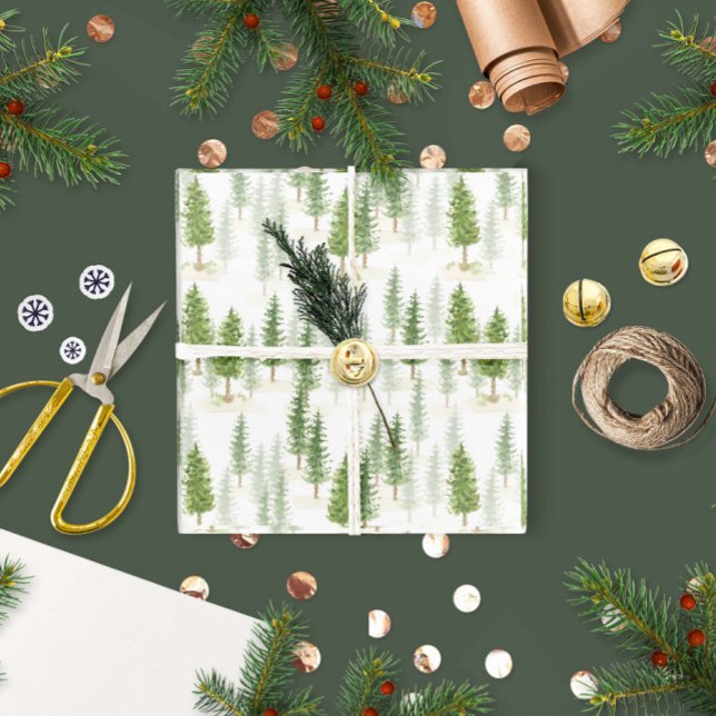 Modern Watercolor Christmas Holiday Green Trees Wrapping Paper (Mountains and forest green sage wrapping paper.)