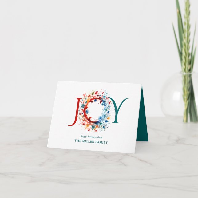 Modern Watercolor Christmas JOY Botanical Wreath Holiday Card (Front)