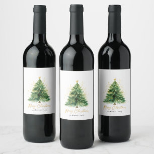 Modern Watercolor Christmas Pine Tree Wine Label