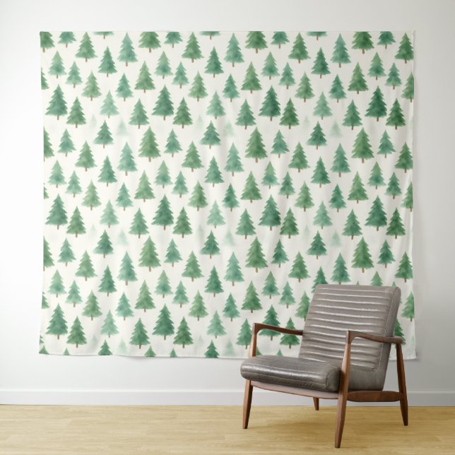 Modern Watercolor Christmas Pine Trees Seamless  Tapestry (In Situ (Horizontal))