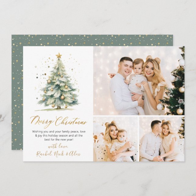 Modern Watercolor Christmas Tree 3 Multi Photo  Holiday Card (Front/Back)