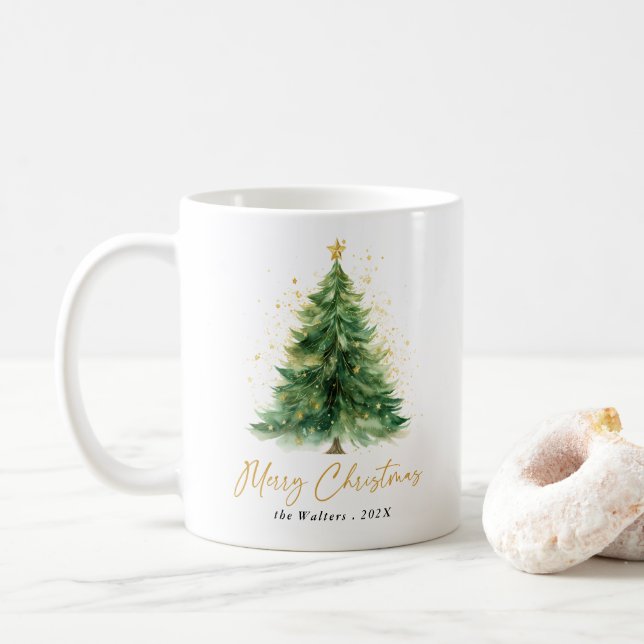 Modern Watercolor Christmas Tree Non Photo Coffee Mug (With Donut)