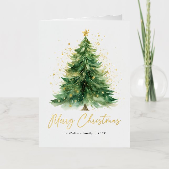 Modern Watercolor Christmas Tree Non Photo Foil Holiday Card (Front)