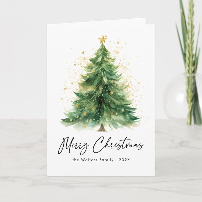 Modern Watercolor Christmas Tree Non Photo Holiday Card (Front)