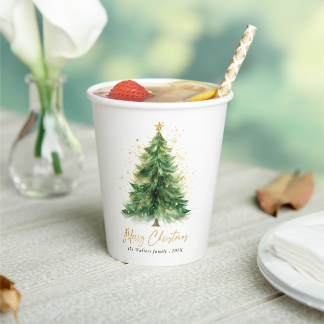 Modern Watercolor Christmas Tree Non Photo Paper Cups (Insitu)