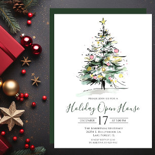 Modern Watercolor Christmas Tree Open House Invitation