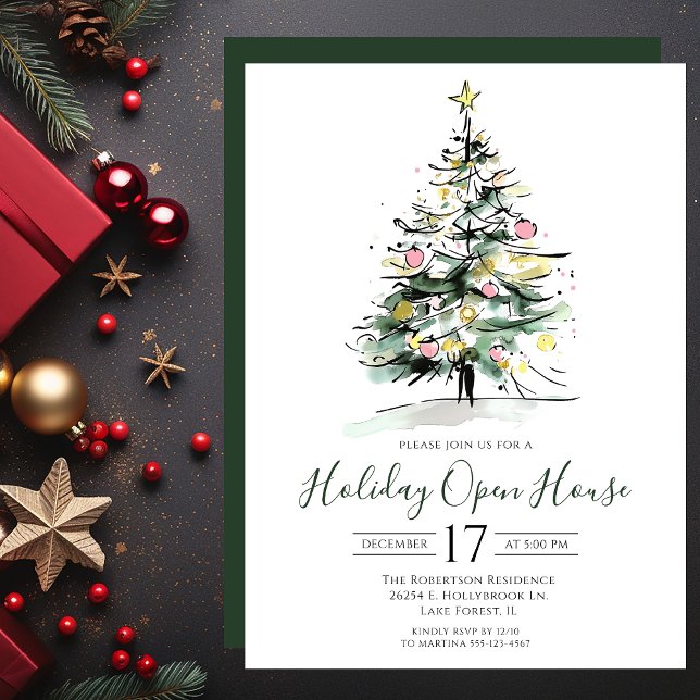 Modern Watercolor Christmas Tree Open House Invitation (Creator Uploaded)