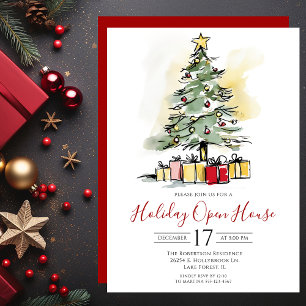 Modern Watercolor Christmas Tree Open House Invitation