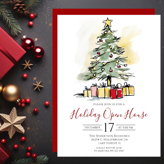 Modern Watercolor Christmas Tree Open House Invitation (Creator Uploaded)