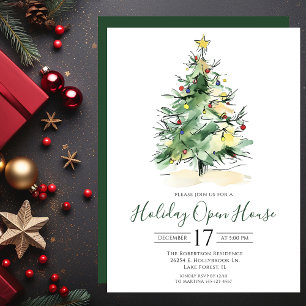 Modern Watercolor Christmas Tree Open House Invitation