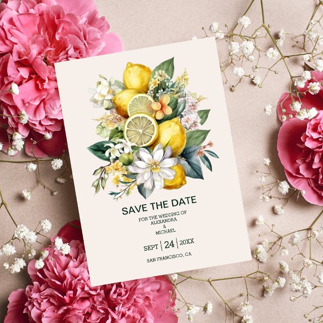 Modern Watercolor Citrus Lemon Wedding Save The Date (Creator Uploaded)