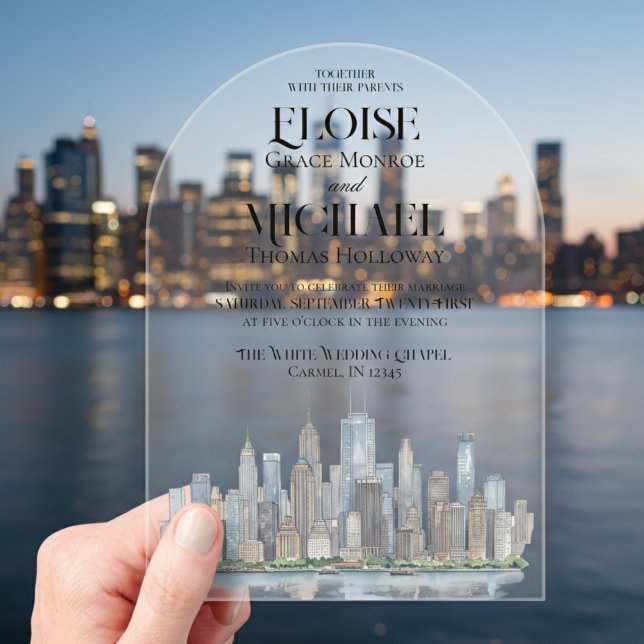 Modern Watercolor City Skyline Destination Wedding Acrylic Invitations (Invite guest to your scenic wedding day with this Modern Watercolor City Skyline Destination Invite!)
