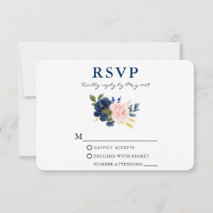 Modern Watercolor Classic Blue Pink Floral Wedding RSVP Card