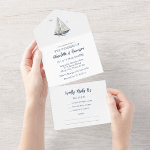 Modern Watercolor Coastal Seascape Wedding All In One Invitation