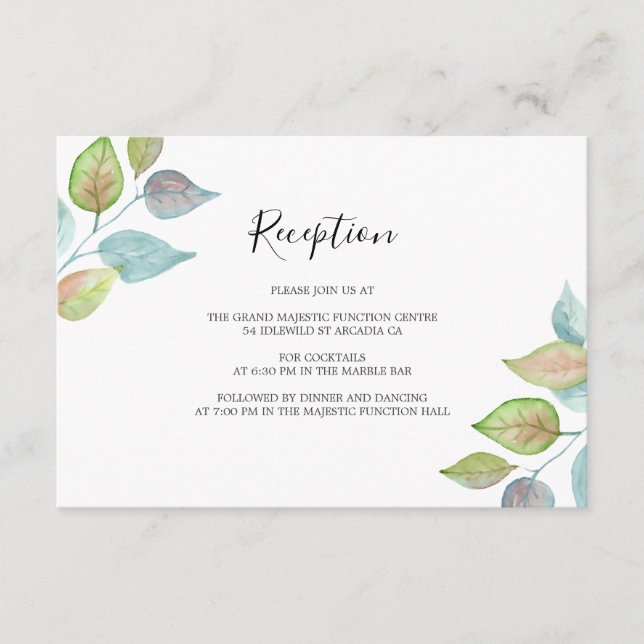 Modern Watercolor Colourful Leaf Wedding Reception Enclosure Card (Front)