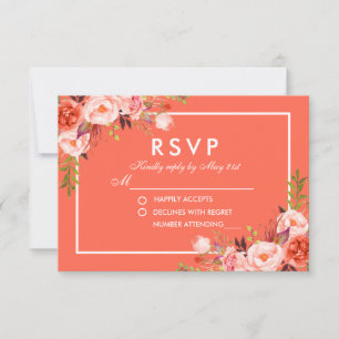Modern Watercolor Coral Floral White RSVP Wedding Card