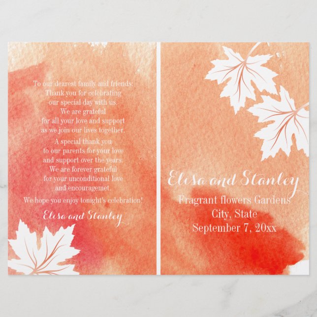 Modern watercolor coral peach wedding program (Front)