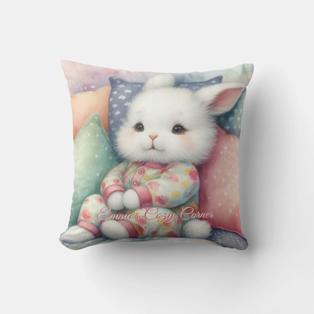 Modern Watercolor Cute Bunny Personalize Cushion (Front)