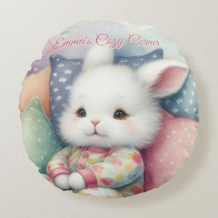Modern Watercolor Cute Bunny Personalize Round Cushion