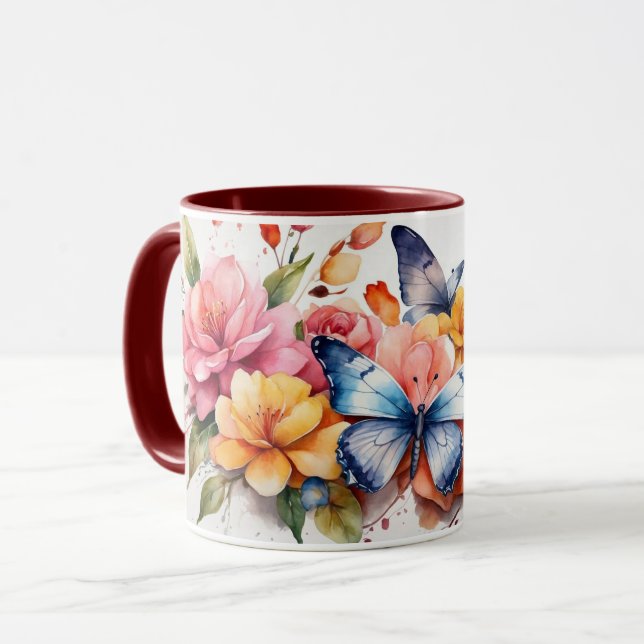 Modern Watercolor Cute Butterfly Flowers Mug (Front Left)