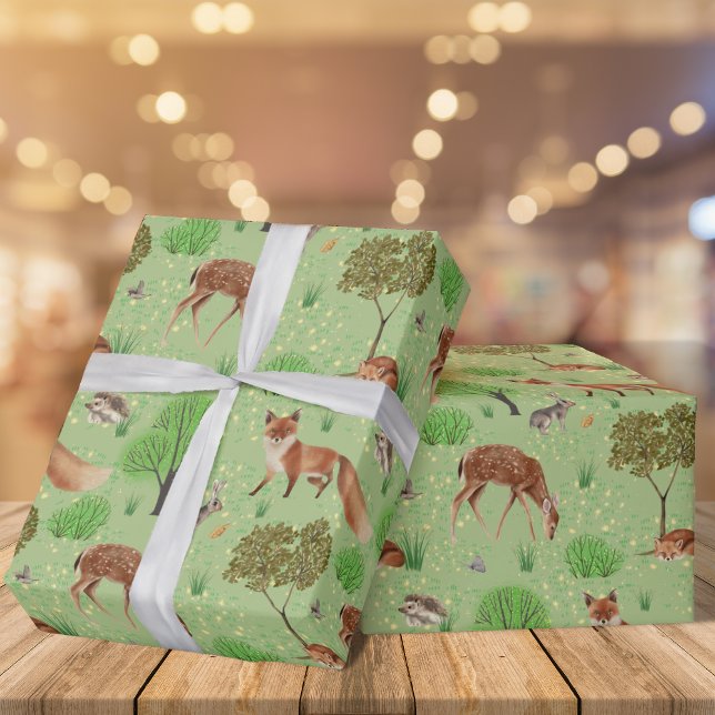 Modern Watercolor Cute Woodland Animals Meadow Wrapping Paper (Creator Uploaded)