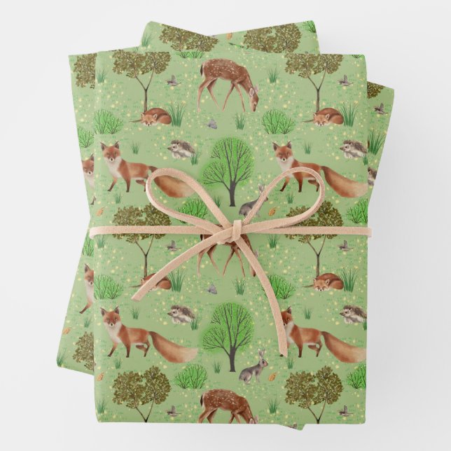 Modern Watercolor Cute Woodland Animals Meadow Wrapping Paper Sheet (In situ)