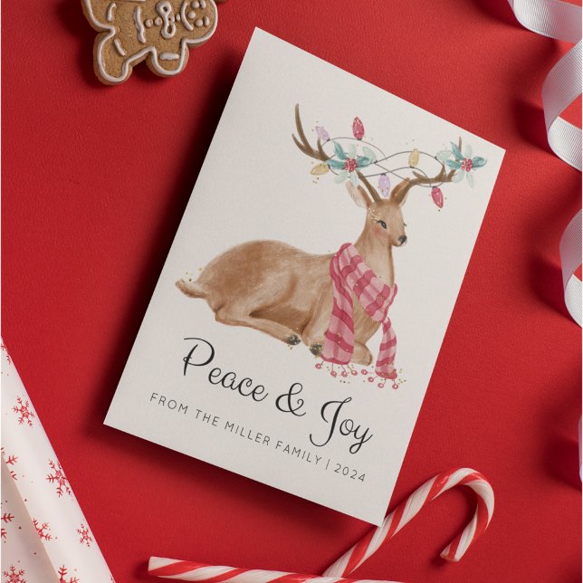 Modern Watercolor Deer Peace and Joy Christmas Holiday Card (Creator Uploaded)