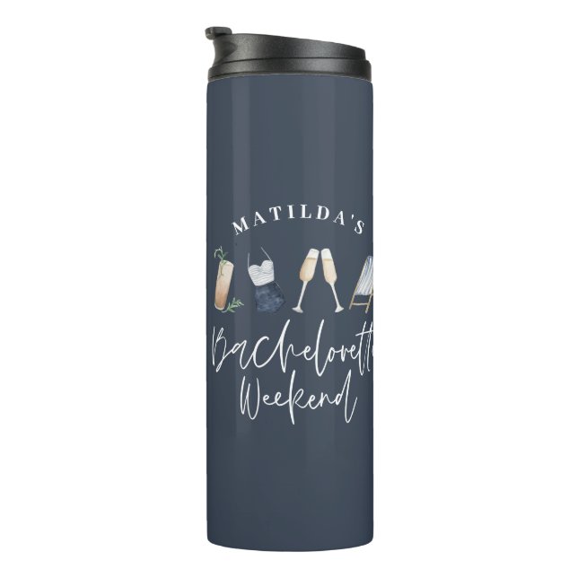 Modern watercolor drinks navy blue bachelorette thermal tumbler (Rotated Right)