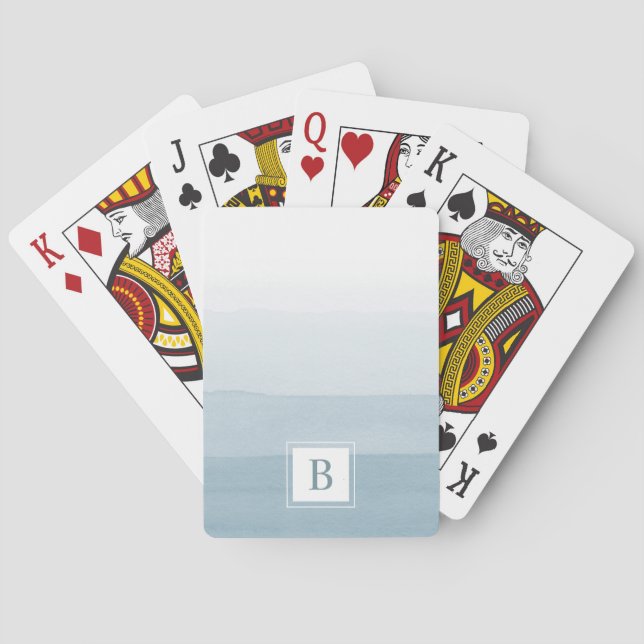 Modern Watercolor Dusty Blue Monogram Playing Cards (Back)