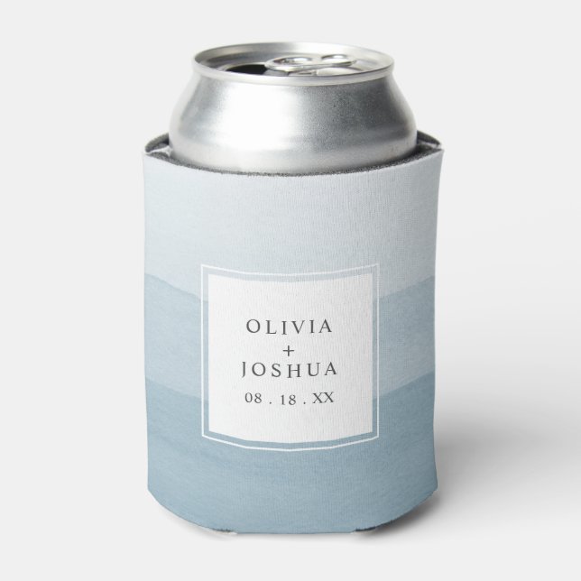 Modern Watercolor Dusty Blue Ombre Wedding Can Cooler (Can Front)