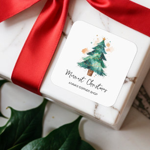 Modern Watercolor Effect Christmas Tree Business Square Sticker