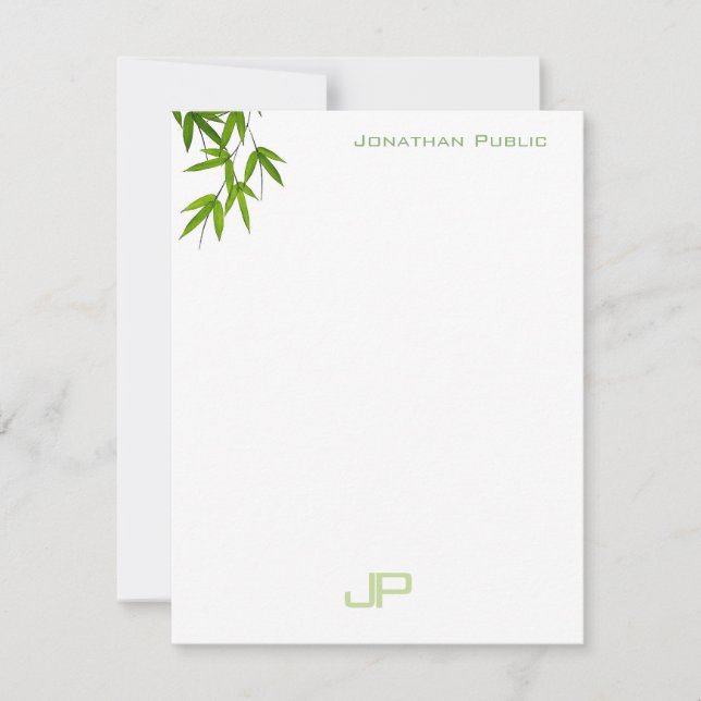Modern Watercolor Elegant Green Leaves Monogram Card (Front)