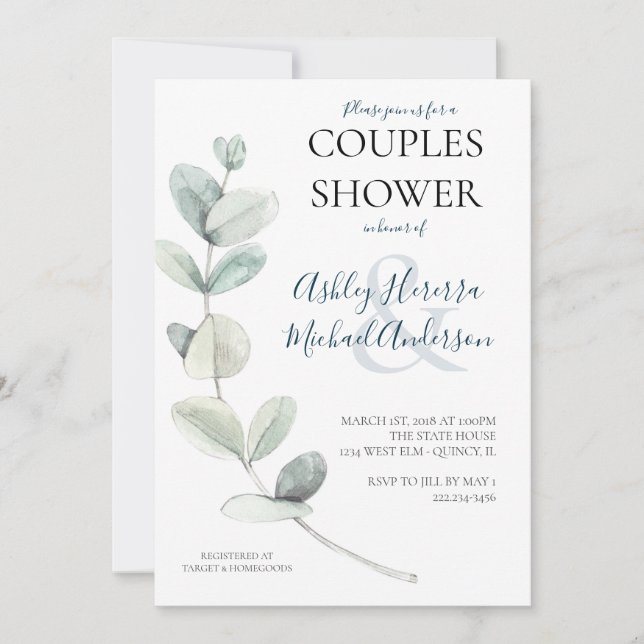 Modern Watercolor Eucalyptus Couples Shower Invite (Front)