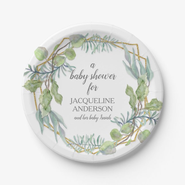 Modern Watercolor Eucalyptus Foliage Baby Shower Paper Plate (Front)