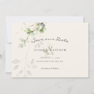 Modern Watercolor Eucalyptus Gold Wedding Ecru Save The Date