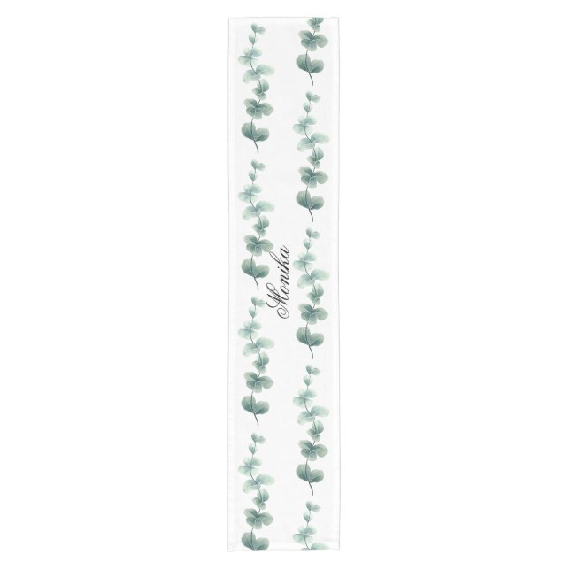 Modern Watercolor Eucalyptus Green Pattern Short Table Runner (Front)