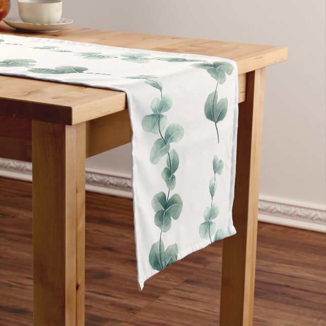 Modern Watercolor Eucalyptus Green Pattern Short Table Runner (In Situ)