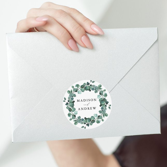 Modern Watercolor Eucalyptus Greenery Wedding Classic Round Sticker (Creator Uploaded)