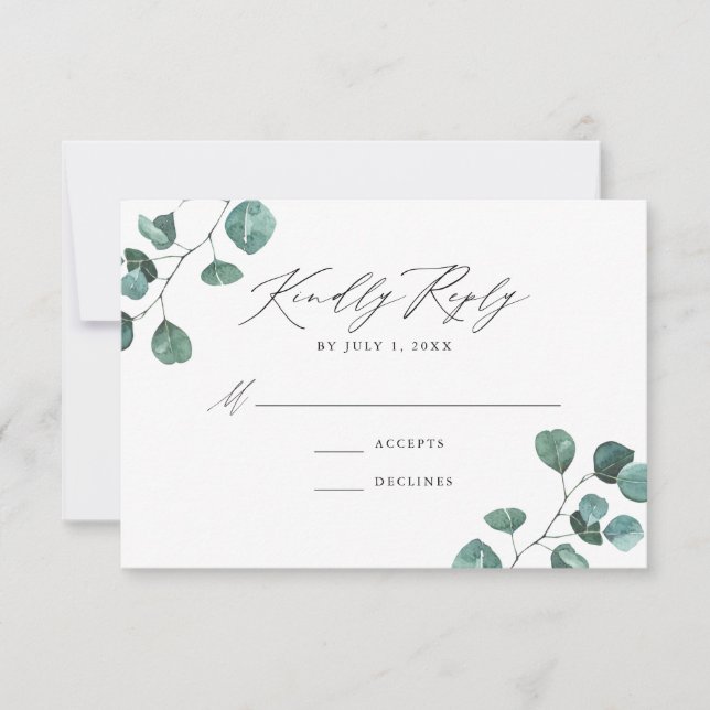 Modern Watercolor Eucalyptus Greenery Wedding RSVP Card (Front)