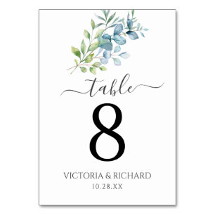 Modern Watercolor Eucalyptus Greenery Wedding Table Number