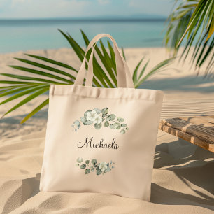 Modern Watercolor Eucalyptus Leaves Personalised Tote Bag