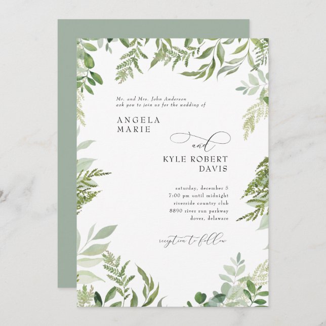 Modern Watercolor Eucalyptus Parents Sage Wedding  Invitation (Front/Back)