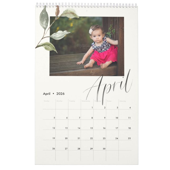 Modern Watercolor Eucalyptus Script Multi Photo Calendar (Apr 2026)