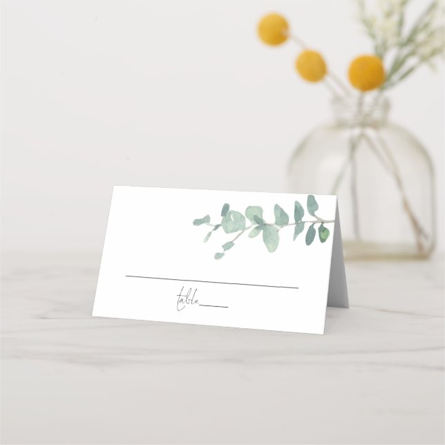 Modern Watercolor Eucalyptus Script Wedding Place Card (Front)