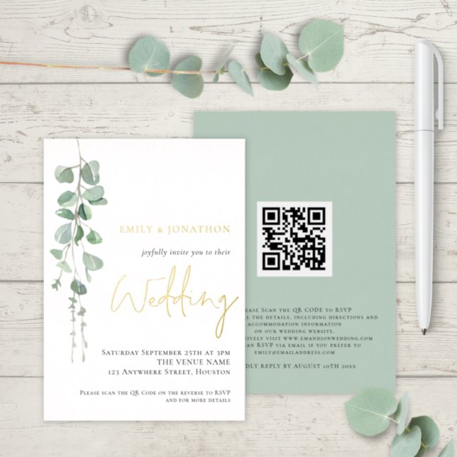 Modern Watercolor Eucalyptus Wedding Gold Real (With luxury real foil printing)