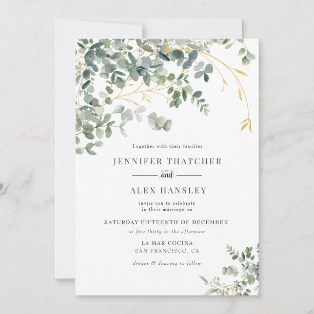 Modern Watercolor Eucalyptus Wedding Invitation (Front)
